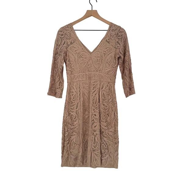 NEW Sue Wong Embroidered Mesh Cocktail Mini Dress Beige Women's Size 4 - Picture 2 of 7